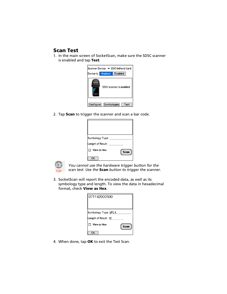Scan test | Socket Mobile Secure Digital Scan Card Series 3 User Manual | Page 30 / 60