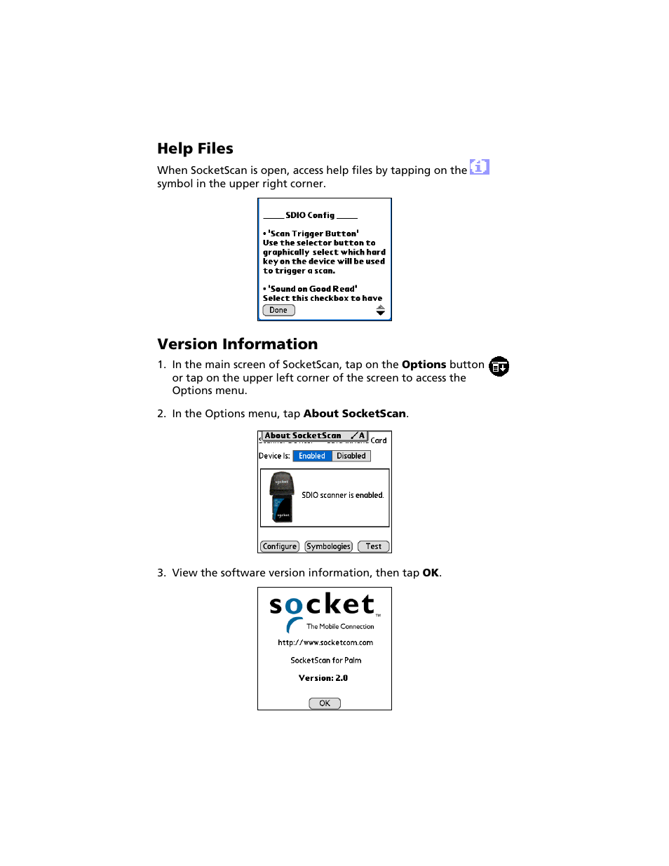 Help files, Version information | Socket Mobile Secure Digital Scan Card Series 3 User Manual | Page 31 / 60