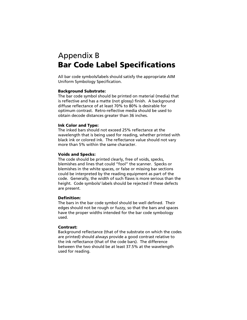 Appendix b bar code label specifications, B | bar code label specifications 35 | Socket Mobile Secure Digital Scan Card Series 3 User Manual | Page 35 / 60