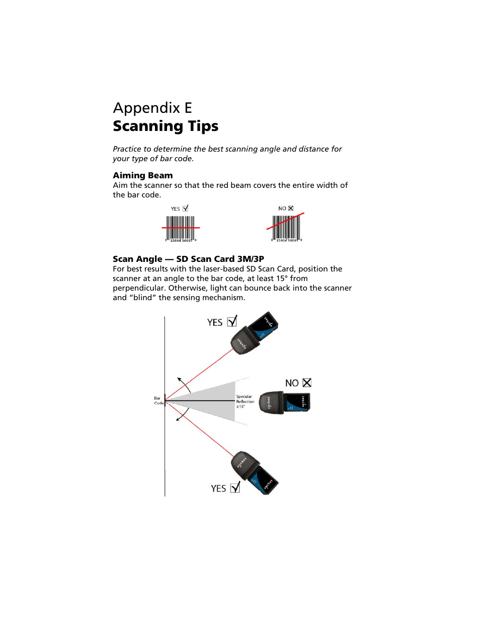 Appendix e scanning tips, E | scanning tips 47 | Socket Mobile Secure Digital Scan Card Series 3 User Manual | Page 47 / 60