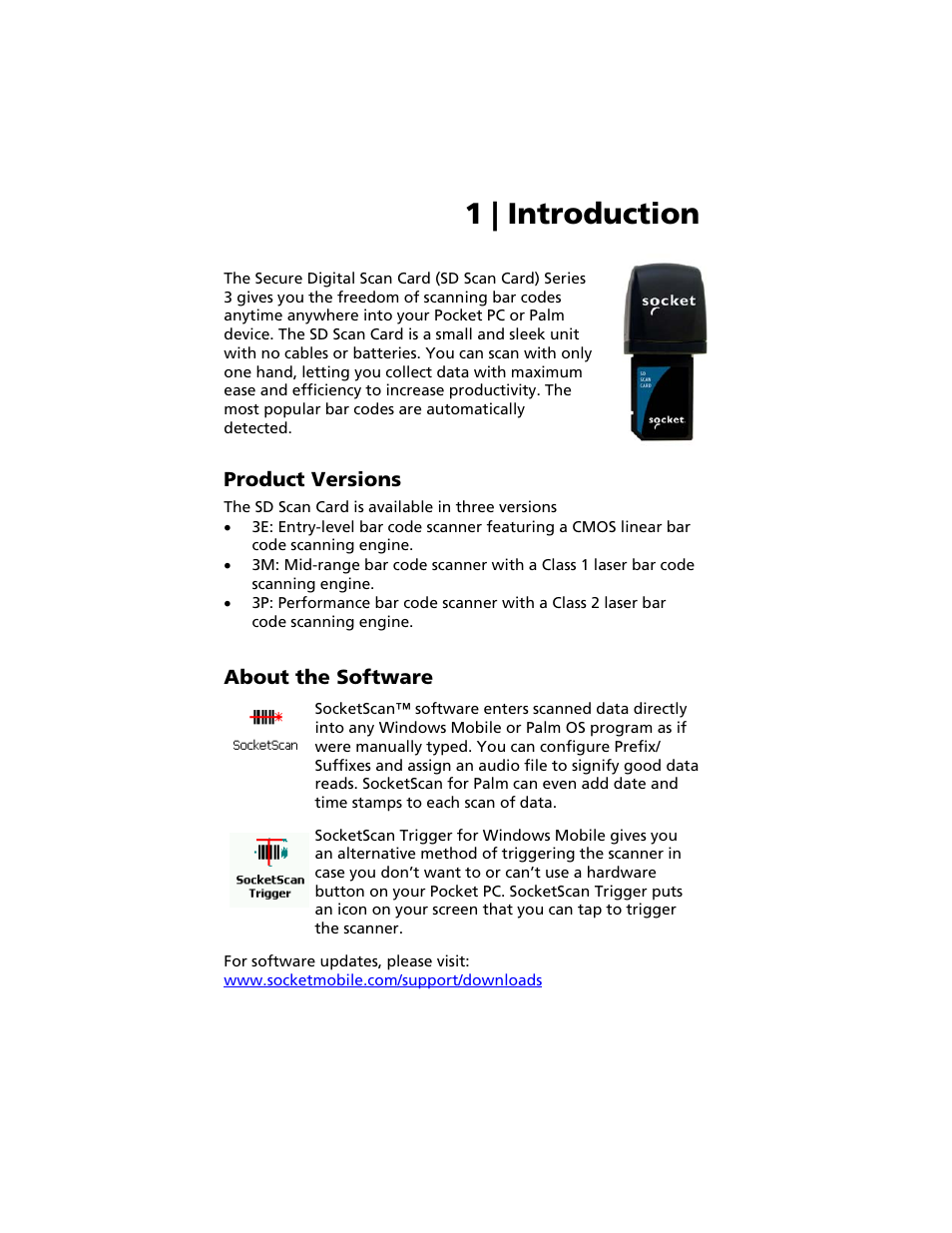 1 | introduction, Product versions, About the software | Socket Mobile Secure Digital Scan Card Series 3 User Manual | Page 5 / 60