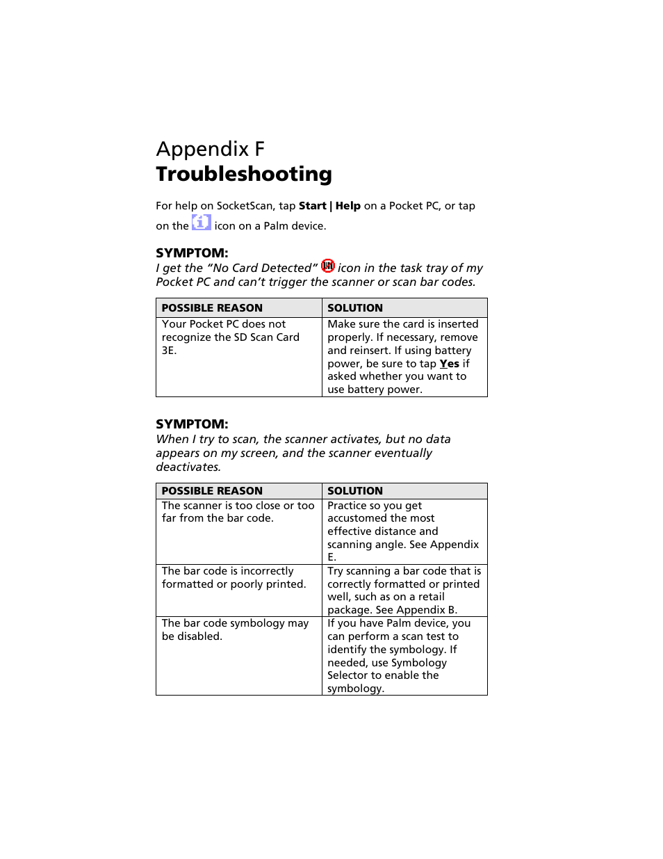 Appendix f troubleshooting, F | troubleshooting 50 | Socket Mobile Secure Digital Scan Card Series 3 User Manual | Page 50 / 60