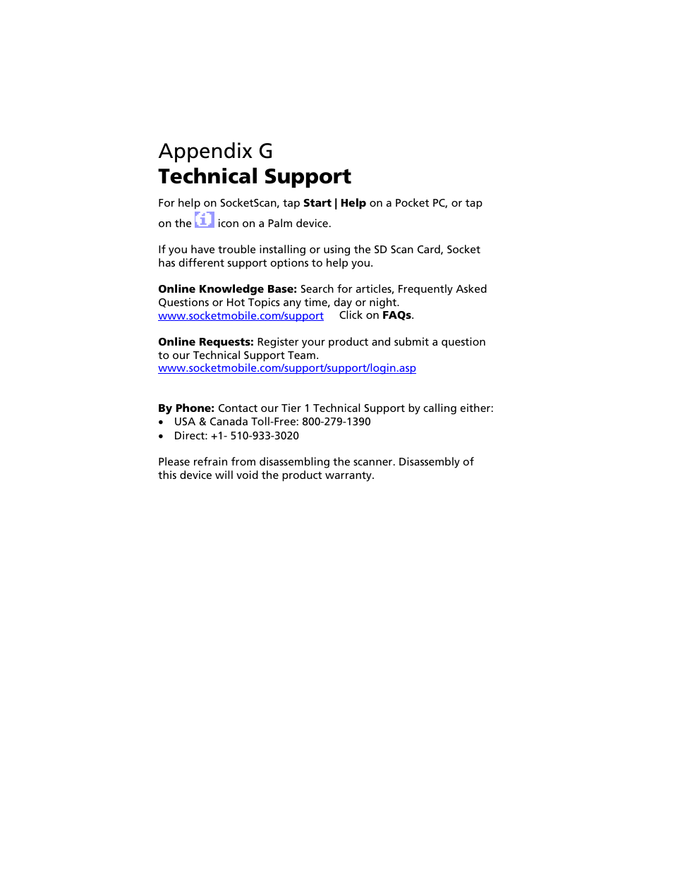 Appendix g technical support, G | technical support 52 | Socket Mobile Secure Digital Scan Card Series 3 User Manual | Page 52 / 60