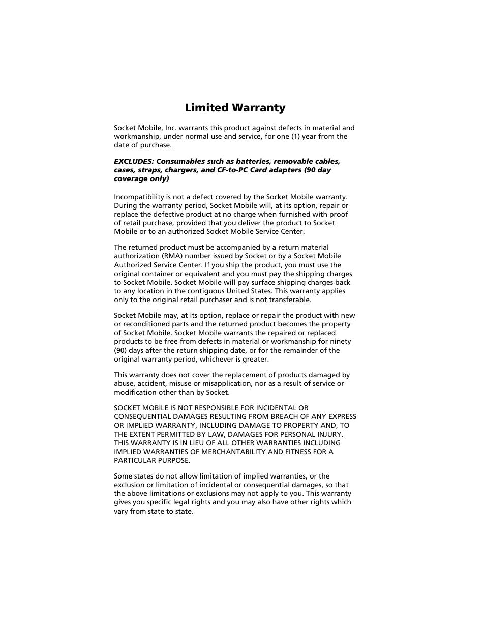 Limited warranty, Limited warranty 53 | Socket Mobile Secure Digital Scan Card Series 3 User Manual | Page 53 / 60