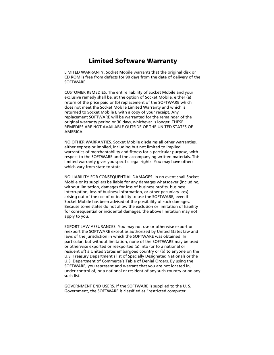 Limited software warranty, Limited software warranty 55 | Socket Mobile Secure Digital Scan Card Series 3 User Manual | Page 55 / 60