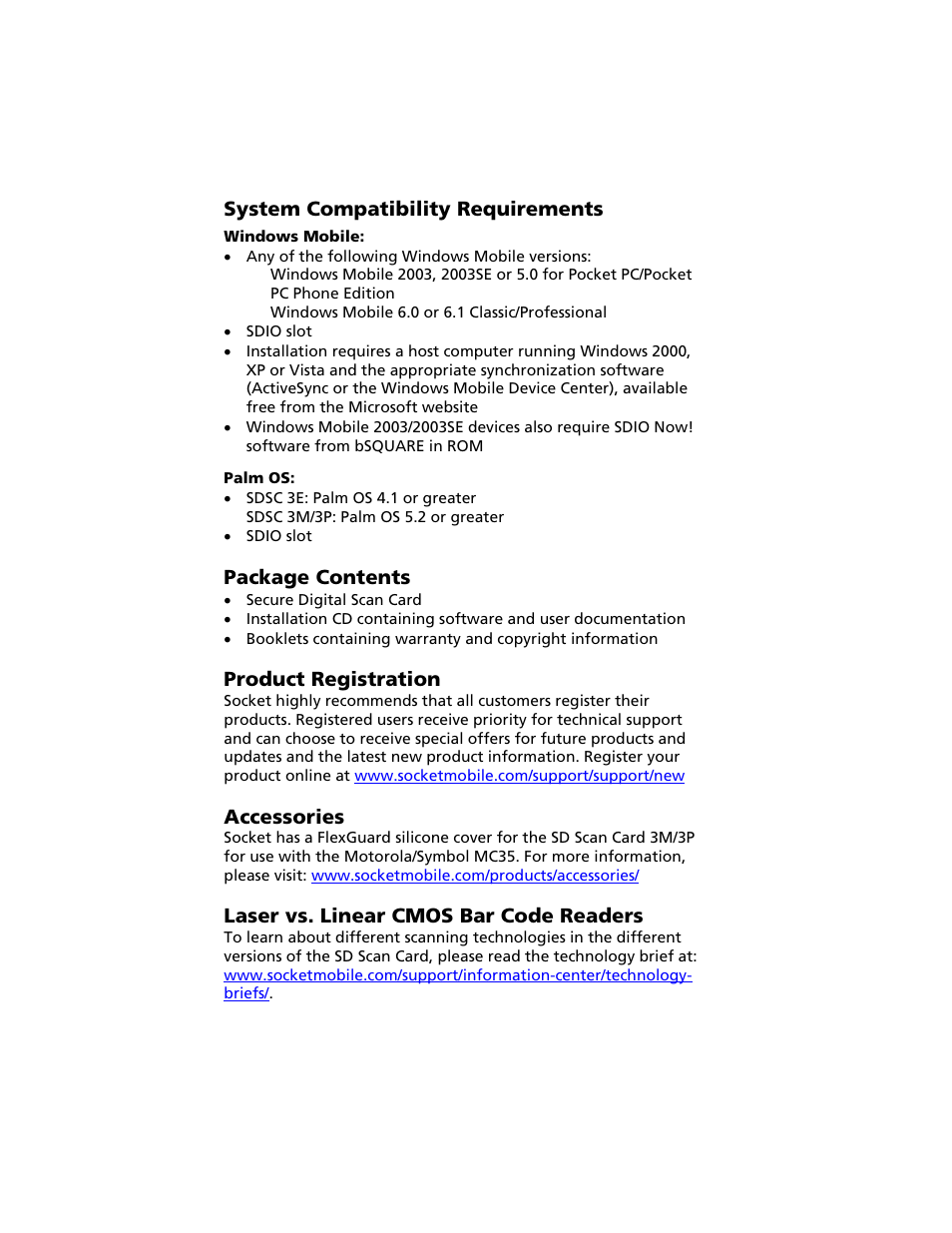 System compatibility requirements, Package contents, Product registration | Accessories, Laser vs. linear cmos bar code readers, System requirements, Package contents, product registration, Laser vs. linear cmos scanning | Socket Mobile Secure Digital Scan Card Series 3 User Manual | Page 6 / 60