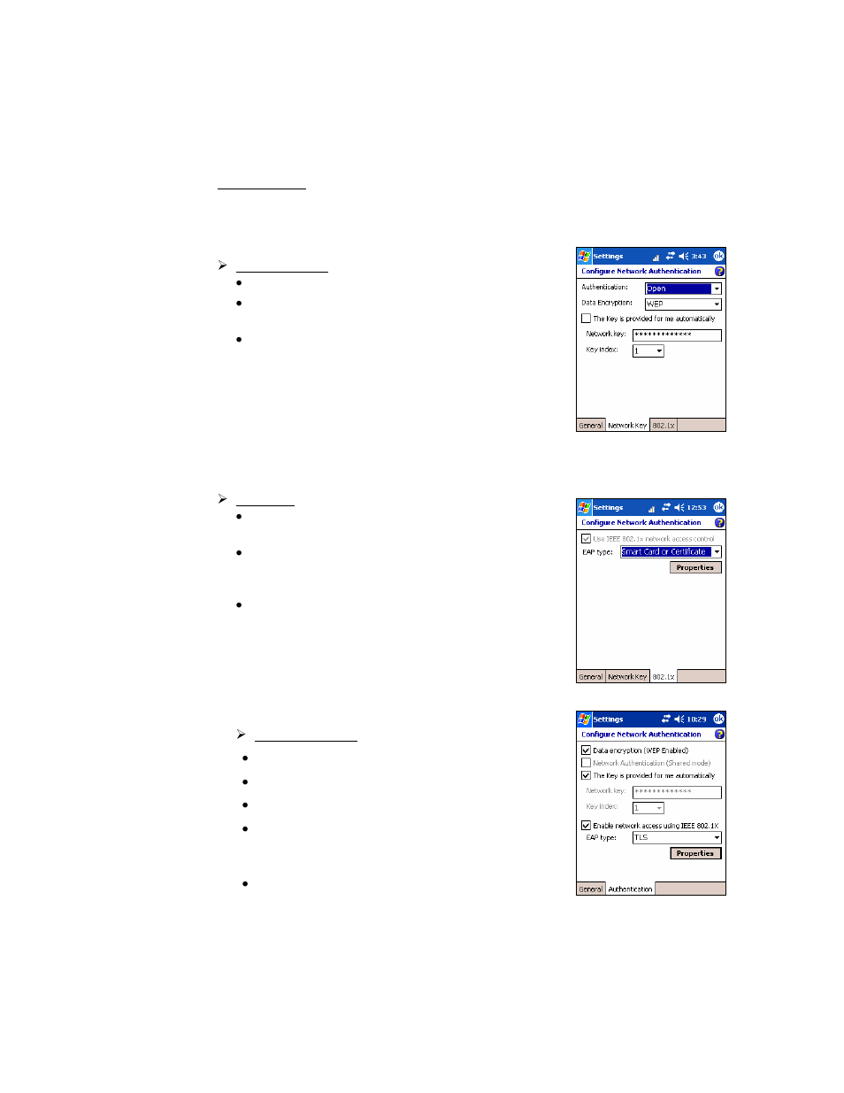 1x networks, Network key tab • authentication: select open, Data encryption: select wep | When done, tap ok, Authentication tab, Data encryption (wep enabled): check, Network authentication (shared mode): uncheck, The key is provided to me automatically: check, When done, tap ok . 28 | Socket Mobile Socket Wi-FI Products P500x User Manual | Page 28 / 67