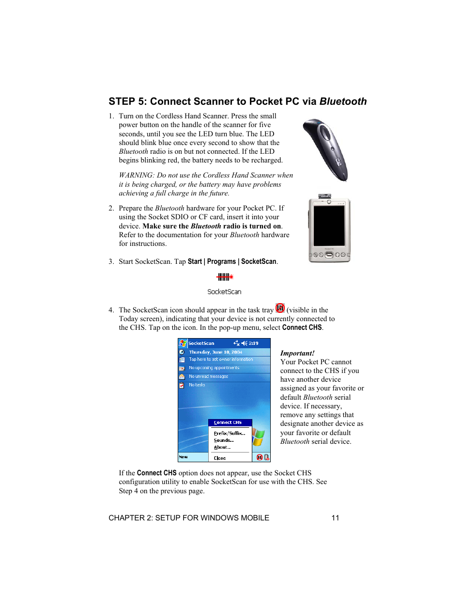 Step 5: connect scanner to pocket pc via bluetooth | Socket Mobile 6410-00233 User Manual | Page 11 / 35