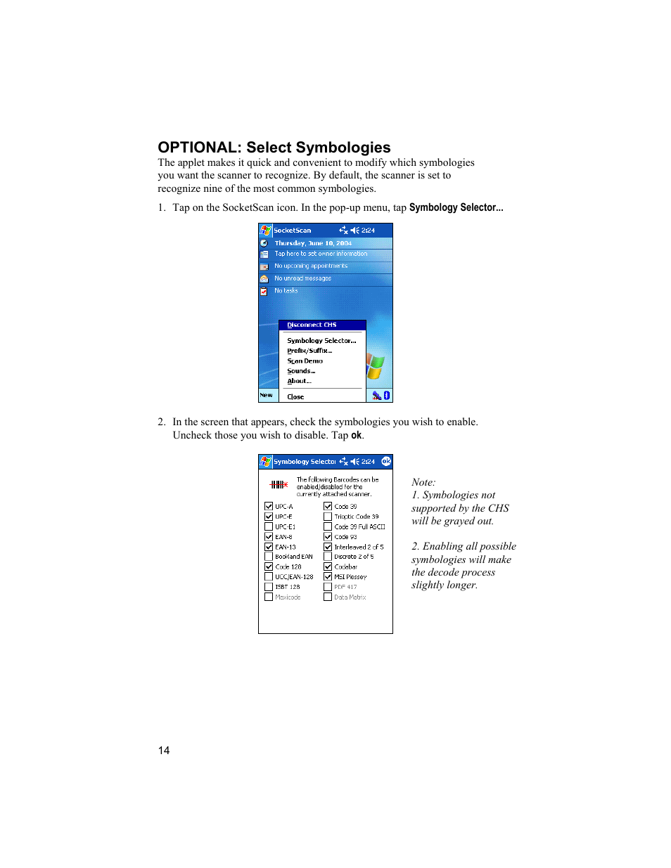 Optional: select symbologies | Socket Mobile 6410-00233 User Manual | Page 14 / 35