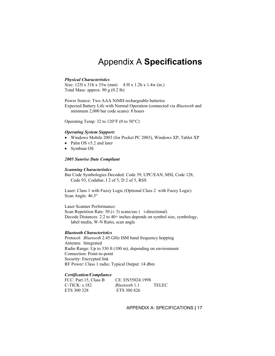 Appendix a specifications | Socket Mobile 6410-00233 User Manual | Page 17 / 35