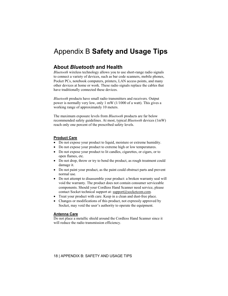 Appendix b safety and usage tips, About bluetooth and health | Socket Mobile 6410-00233 User Manual | Page 18 / 35