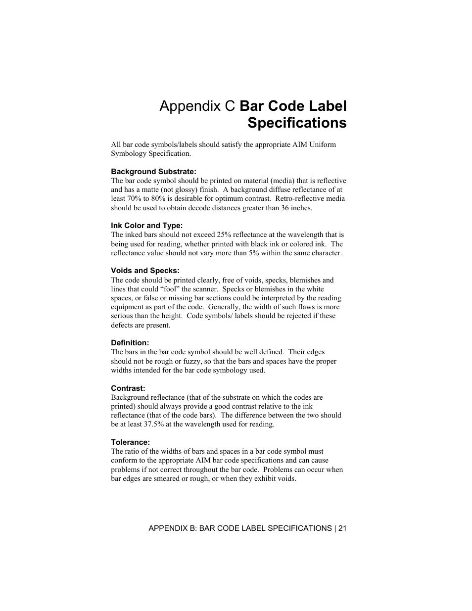 Appendix c bar code label specifications | Socket Mobile 6410-00233 User Manual | Page 21 / 35