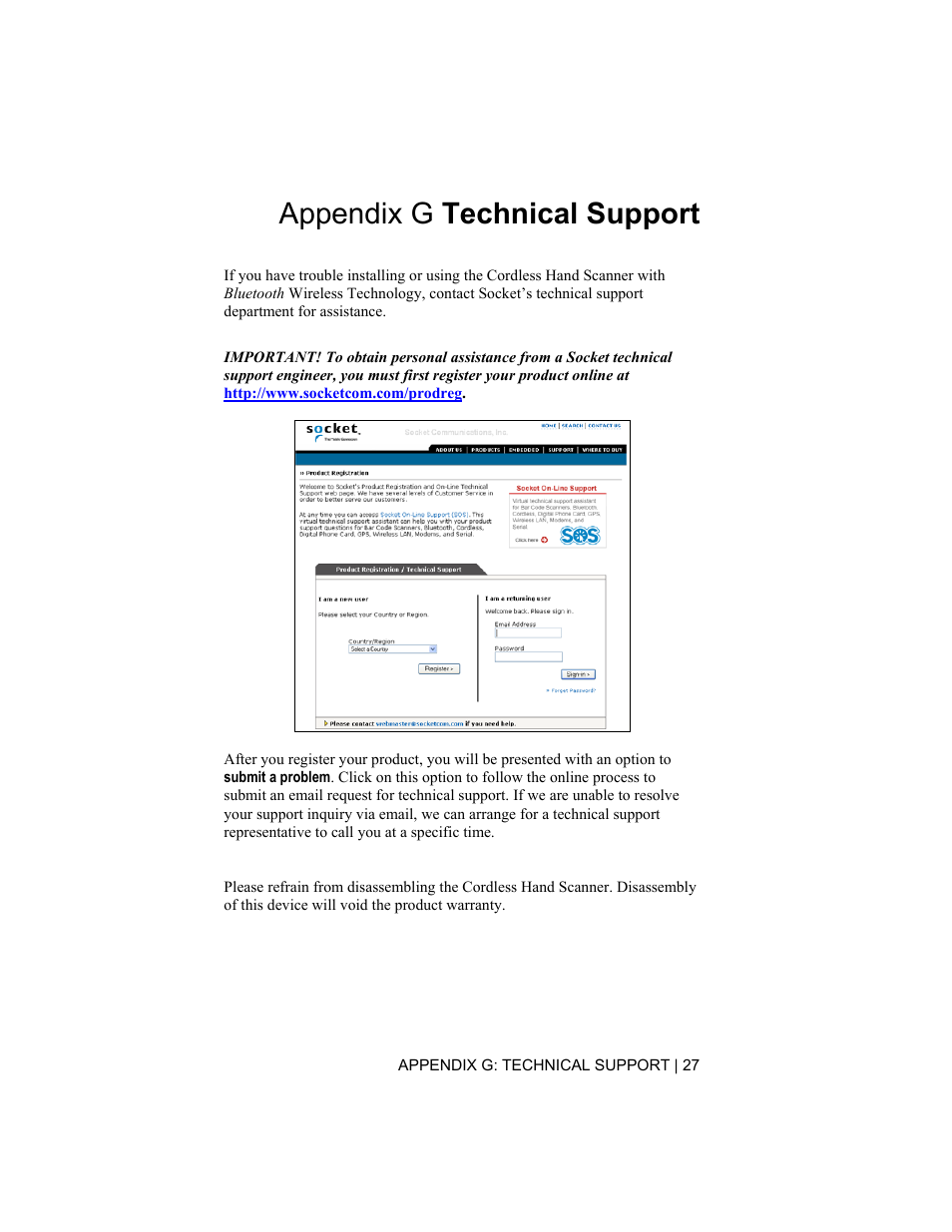 Appendix g technical support | Socket Mobile 6410-00233 User Manual | Page 27 / 35