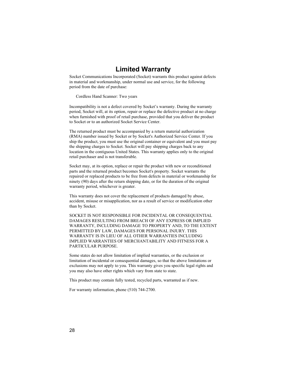 Limited warranty | Socket Mobile 6410-00233 User Manual | Page 28 / 35
