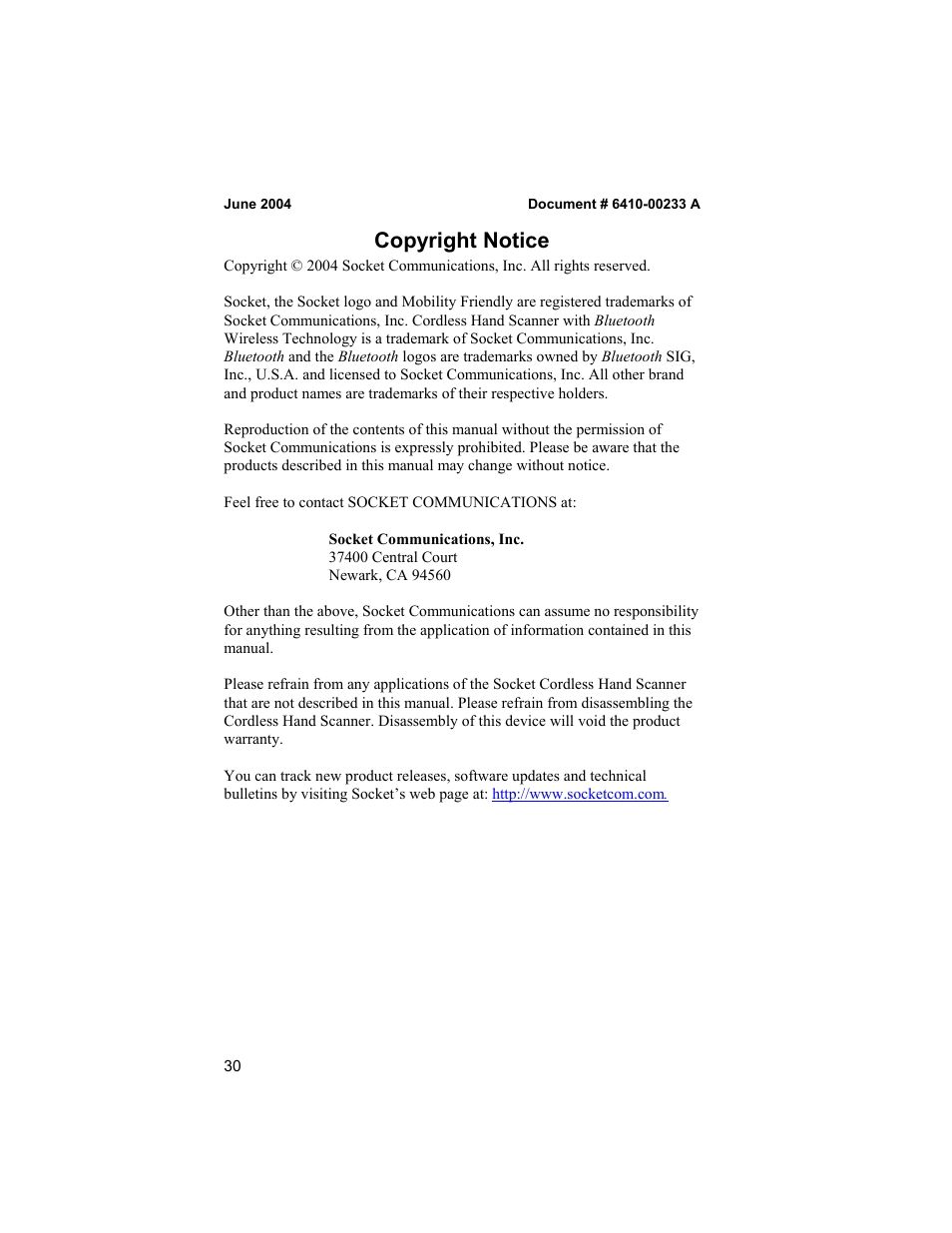 Copyright notice | Socket Mobile 6410-00233 User Manual | Page 30 / 35