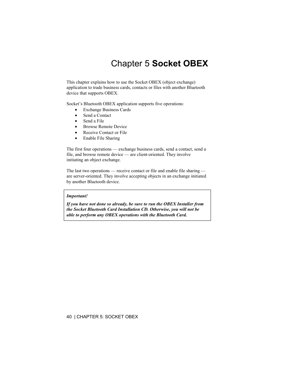 Chapter 5 socket obex | Socket Mobile Bluetooth Connection Kit User Manual | Page 40 / 79