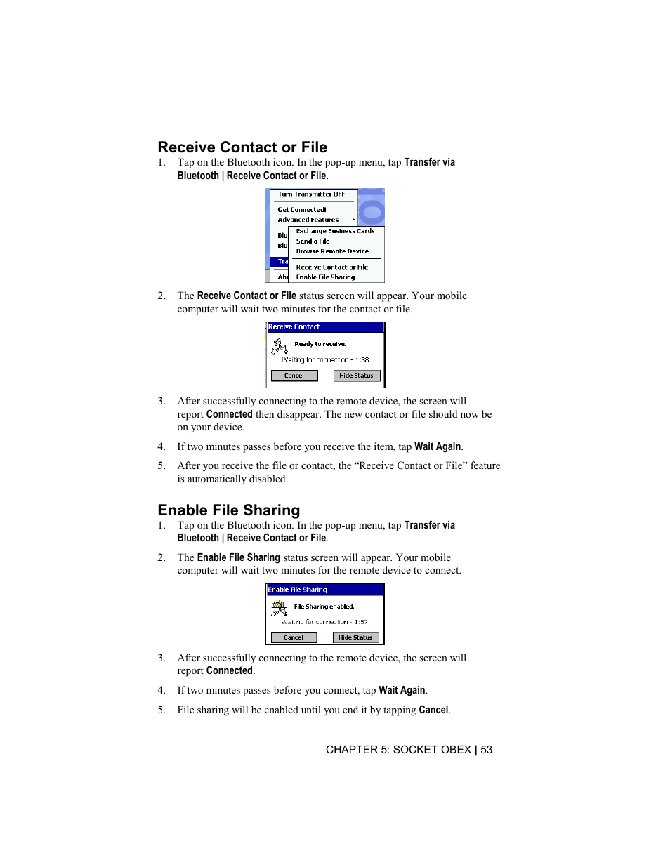 Receive contact or file, Enable file sharing | Socket Mobile Bluetooth Connection Kit User Manual | Page 53 / 79