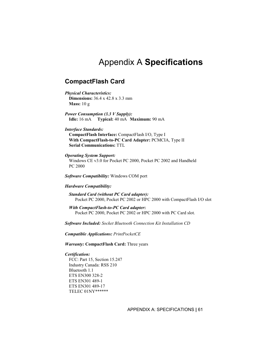Appendix a specifications, Compactflash card | Socket Mobile Bluetooth Connection Kit User Manual | Page 61 / 79