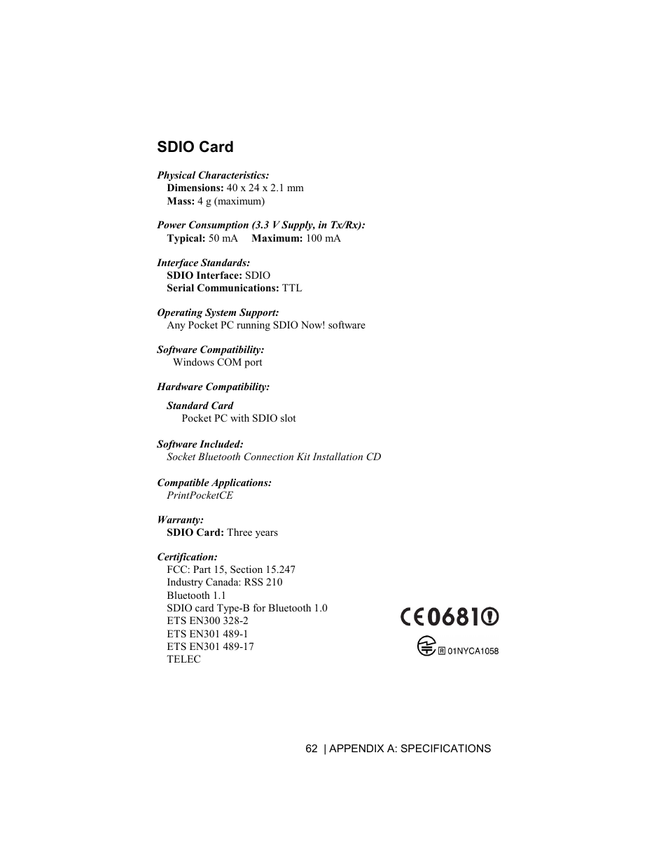 Sdio card | Socket Mobile Bluetooth Connection Kit User Manual | Page 62 / 79