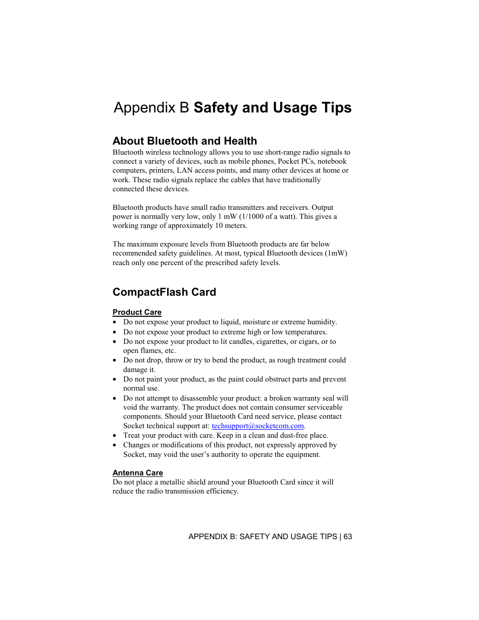 Appendix b safety and usage tips, About bluetooth and health, Compactflash card | Socket Mobile Bluetooth Connection Kit User Manual | Page 63 / 79