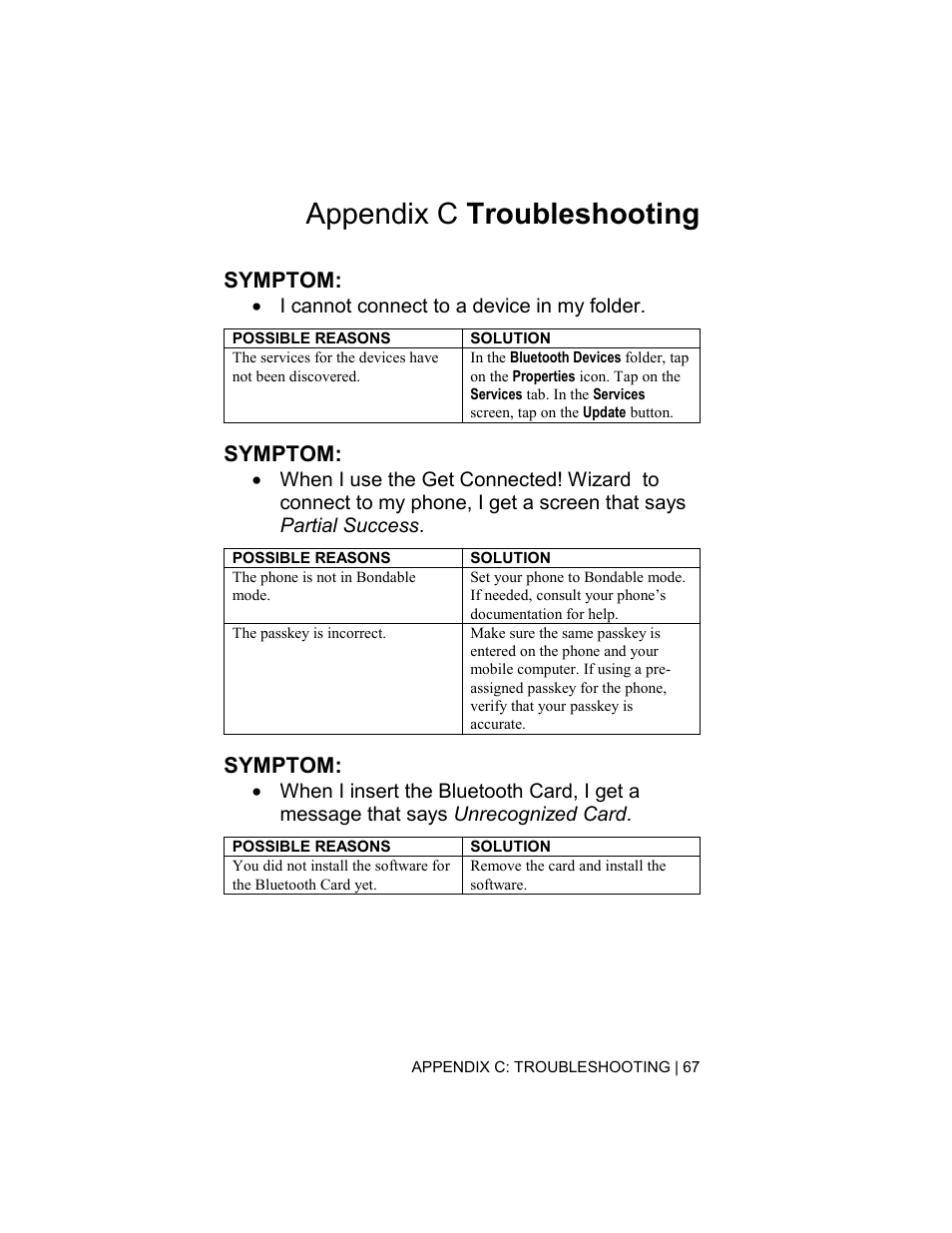 Appendix c troubleshooting, Symptom | Socket Mobile Bluetooth Connection Kit User Manual | Page 67 / 79