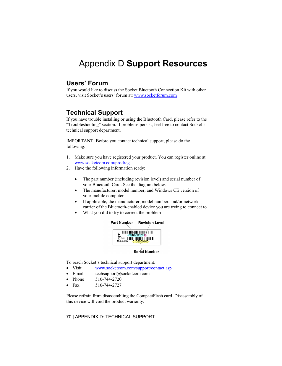 Appendix d support resources, Users’ forum, Technical support | Socket Mobile Bluetooth Connection Kit User Manual | Page 70 / 79