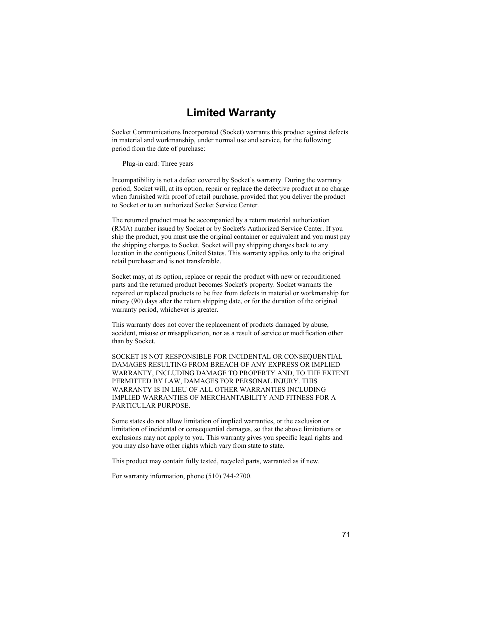 Limited warranty | Socket Mobile Bluetooth Connection Kit User Manual | Page 71 / 79