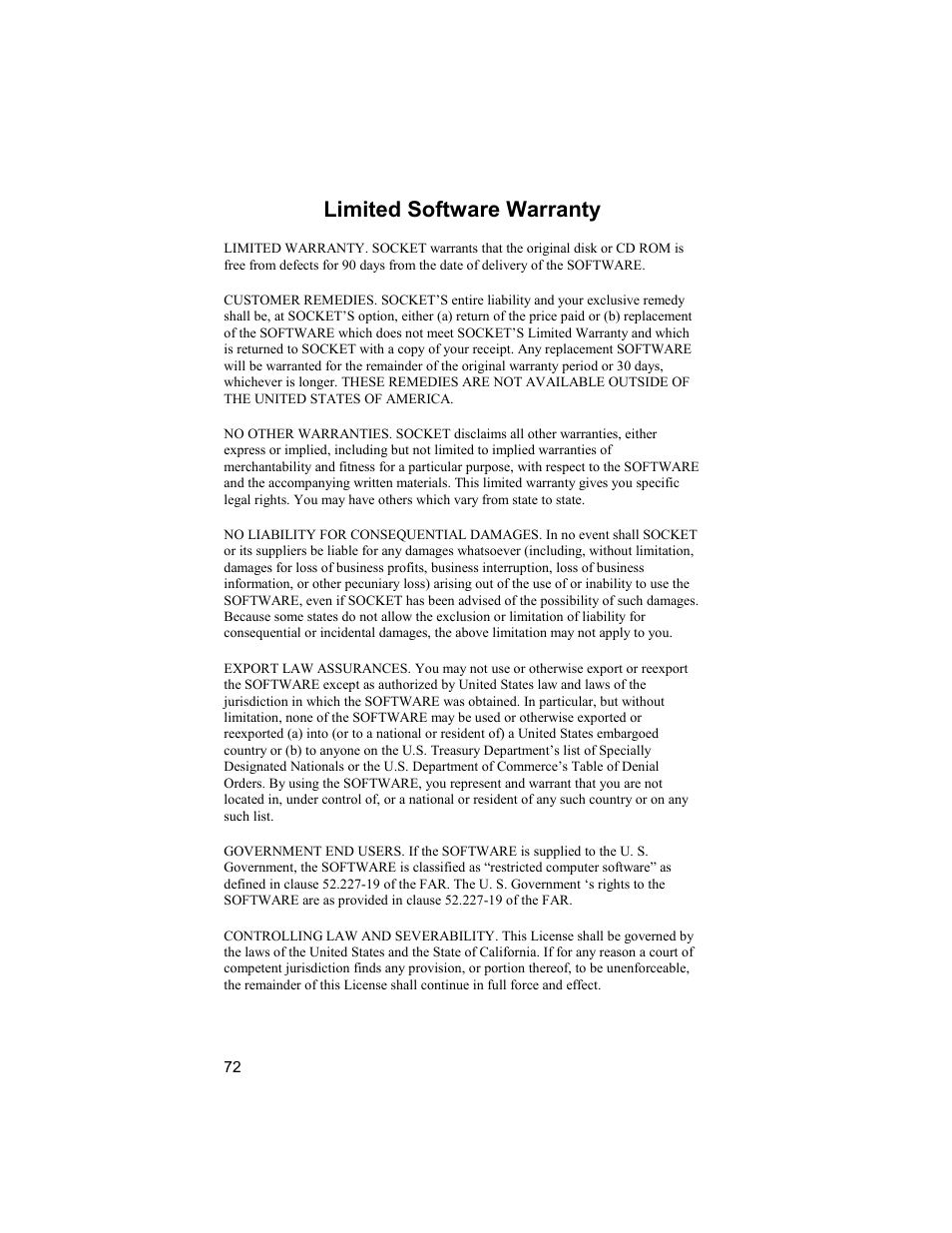 Limited software warranty | Socket Mobile Bluetooth Connection Kit User Manual | Page 72 / 79
