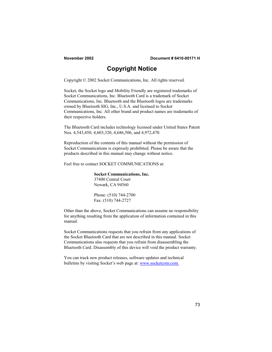 Copyright notice | Socket Mobile Bluetooth Connection Kit User Manual | Page 73 / 79