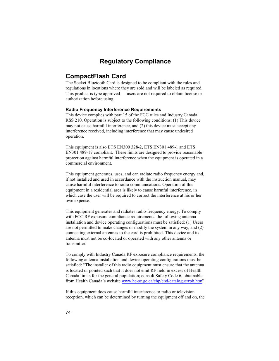 Regulatory compliance, Regulatory compliance compactflash card | Socket Mobile Bluetooth Connection Kit User Manual | Page 74 / 79