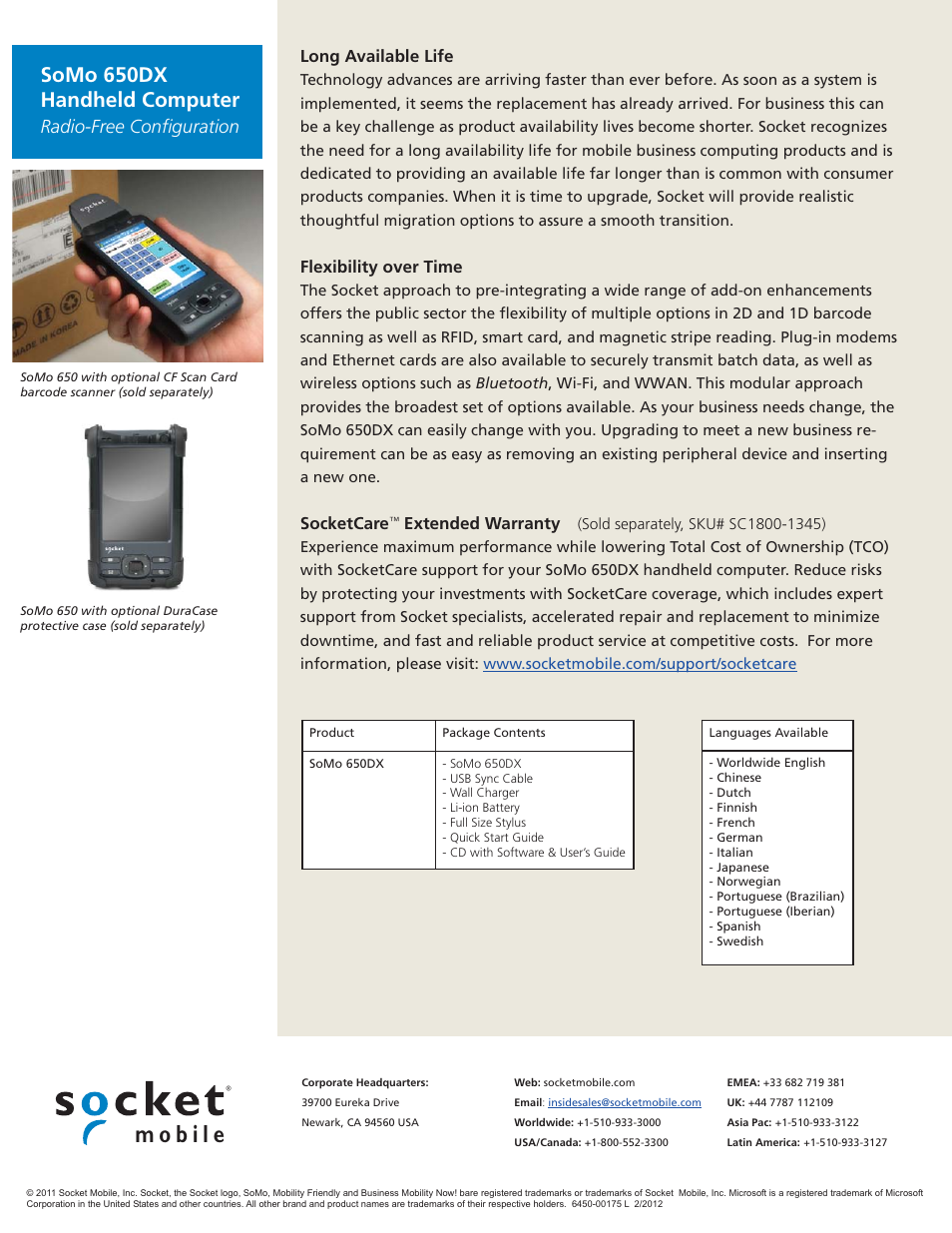Somo 650dx handheld computer, Radio-free configuration | Socket Mobile SOCKET HANDHELD COMPUTER 650 DX User Manual | Page 2 / 2