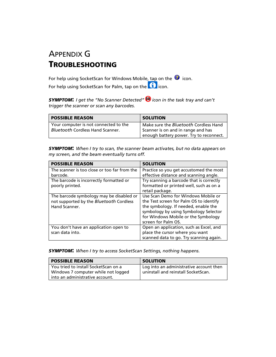 Appendix g troubleshooting, G troubleshooting, Ppendix | Roubleshooting | Socket Mobile Bluetooth iPAQ User Manual | Page 103 / 114