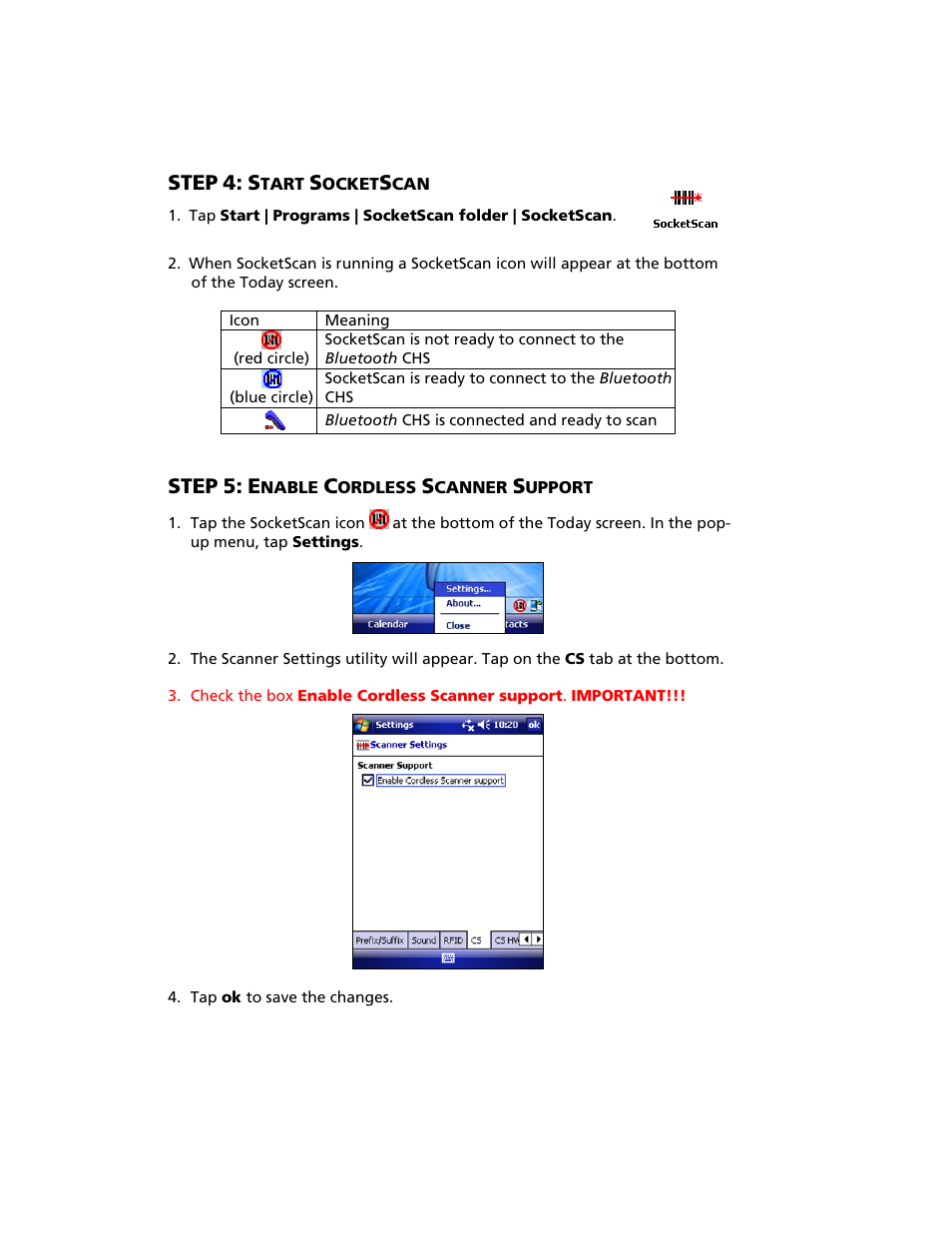 Step 4: start socketscan, Step 5: enable cordless scanner support, Step | Socket Mobile Bluetooth iPAQ User Manual | Page 55 / 114