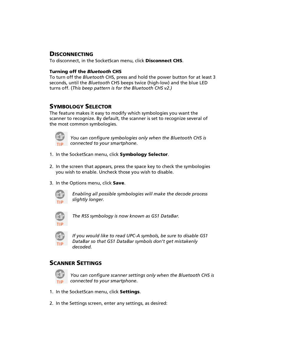 Disconnecting, Symbology selector, Scanner settings | Socket Mobile Bluetooth iPAQ User Manual | Page 83 / 114