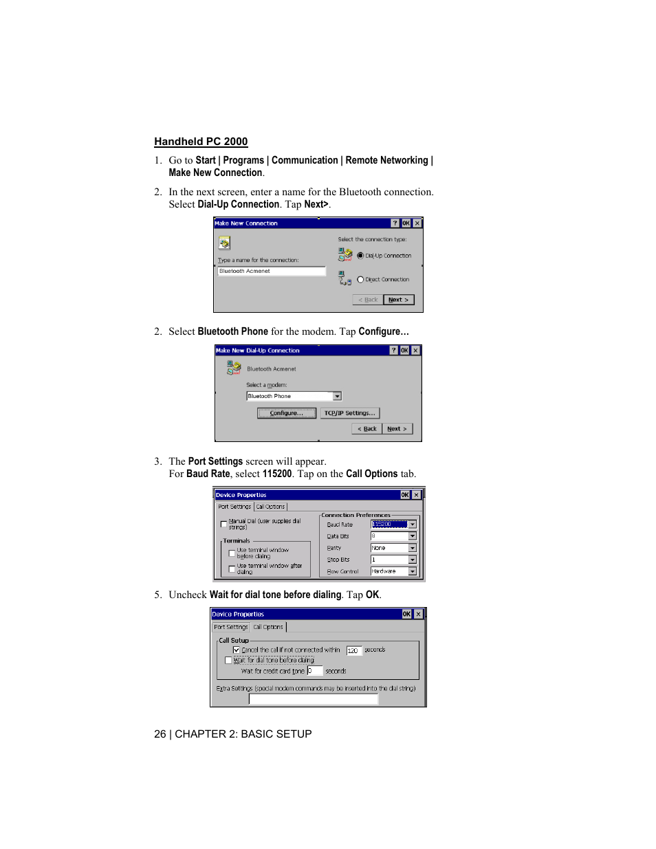 Handheld pc 2000, Uncheck wait for dial tone before dialing . tap ok | Socket Mobile CompactFlash/SDIO Connection Kit with Bluetooth Wireless Technology User Manual | Page 26 / 91