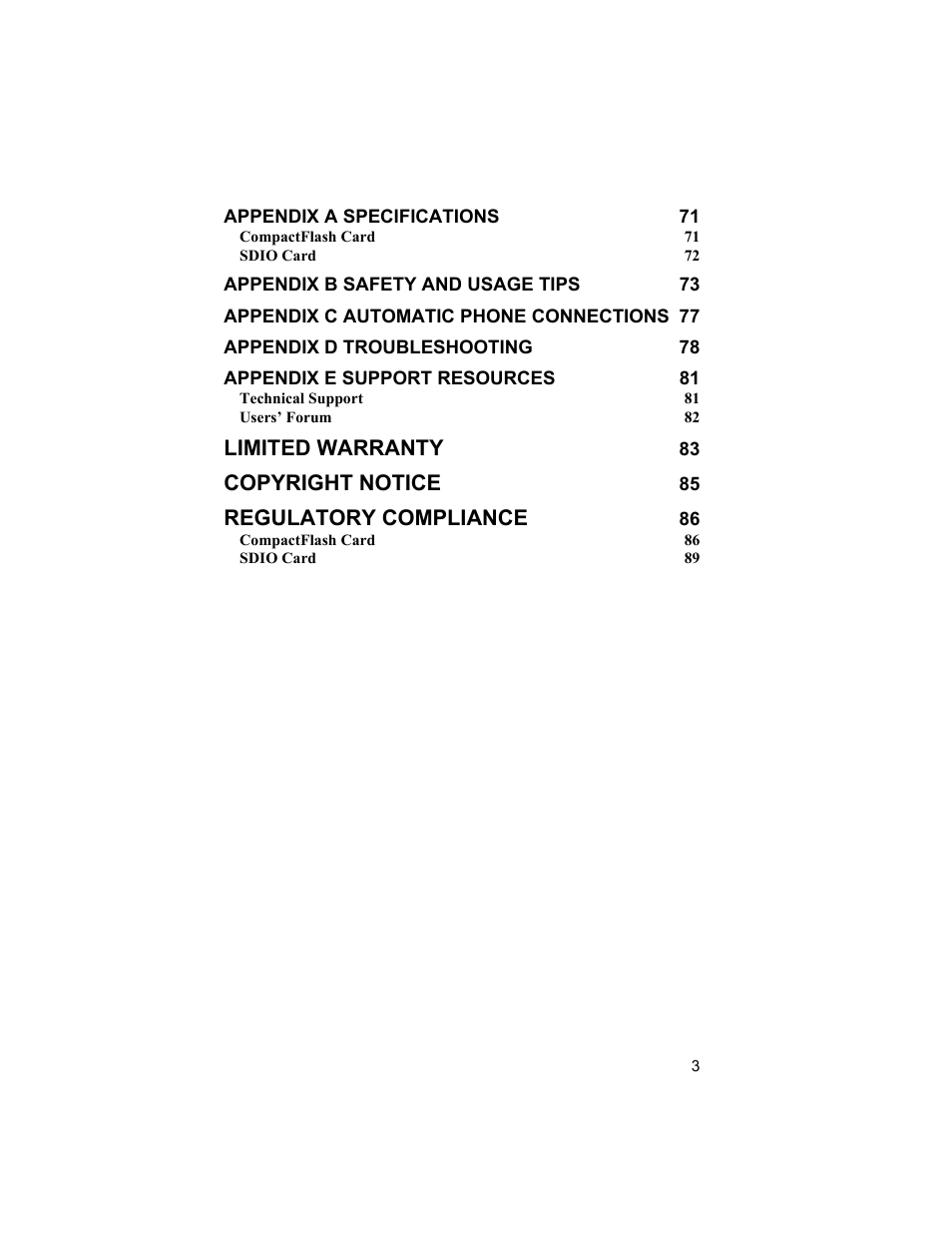 Limited warranty, Copyright notice, Regulatory compliance | Socket Mobile CompactFlash/SDIO Connection Kit with Bluetooth Wireless Technology User Manual | Page 3 / 91