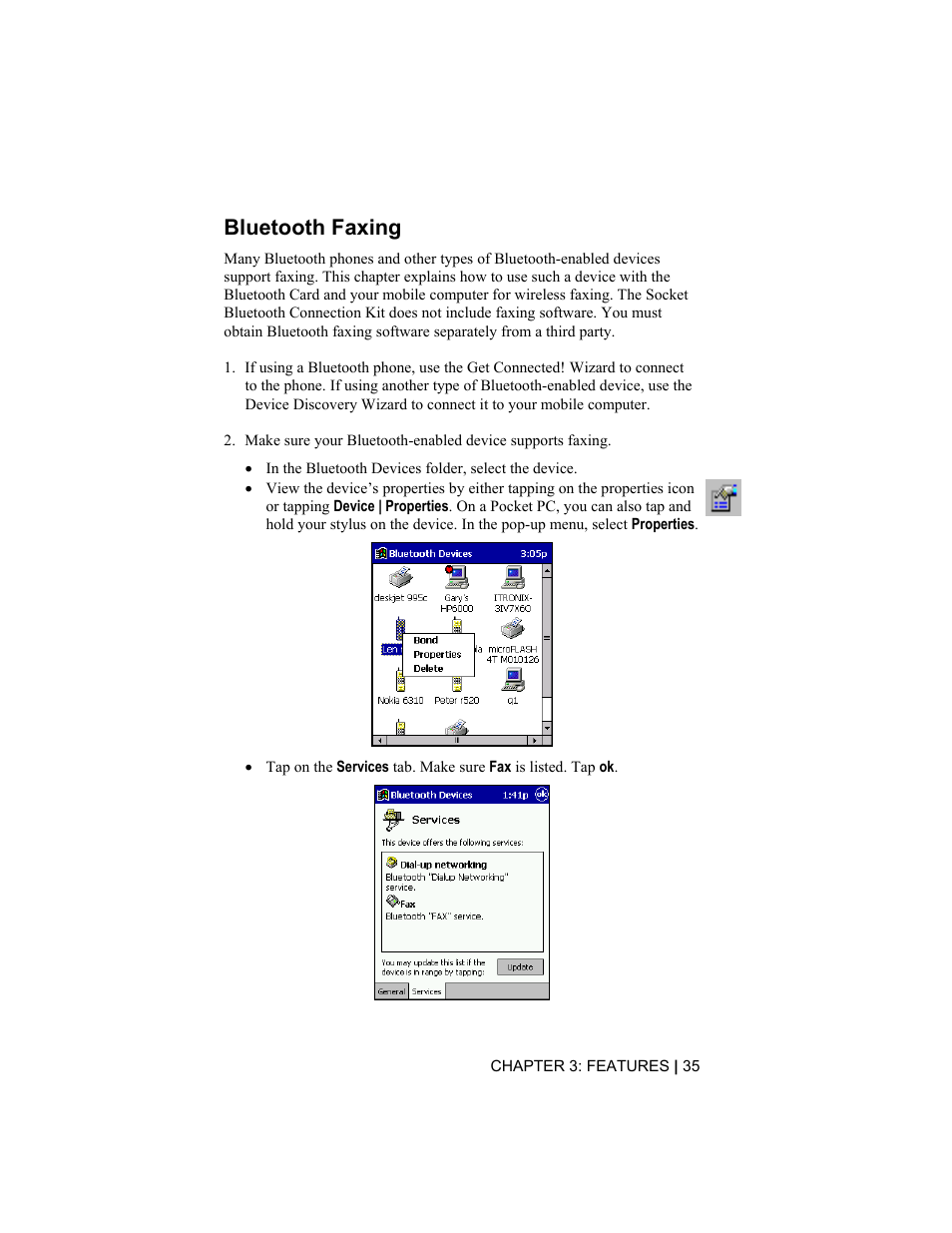 Bluetooth faxing | Socket Mobile CompactFlash/SDIO Connection Kit with Bluetooth Wireless Technology User Manual | Page 35 / 91