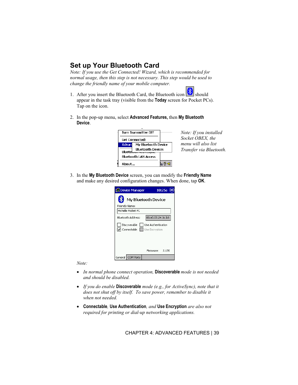 Set up your bluetooth card | Socket Mobile CompactFlash/SDIO Connection Kit with Bluetooth Wireless Technology User Manual | Page 39 / 91