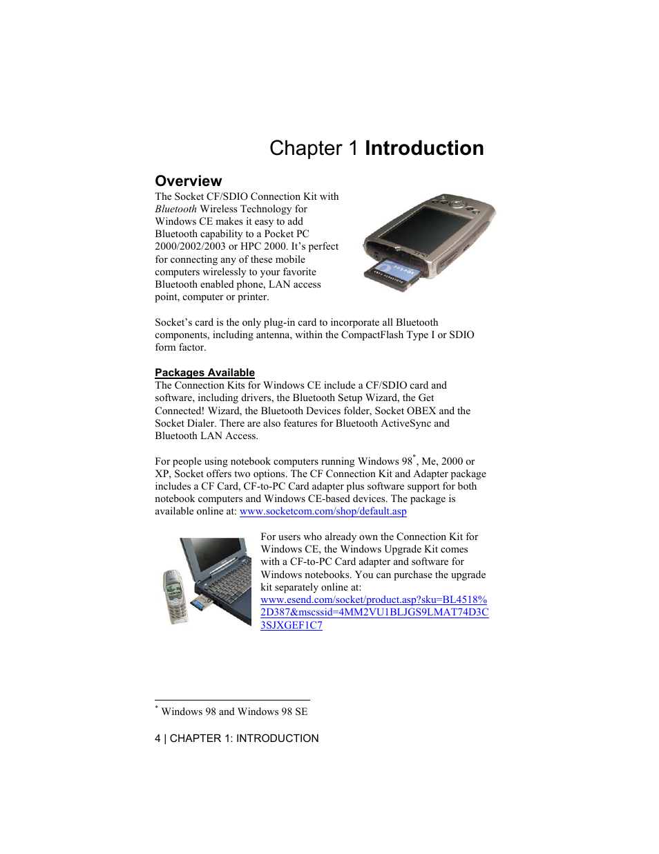 Chapter 1 introduction, Overview | Socket Mobile CompactFlash/SDIO Connection Kit with Bluetooth Wireless Technology User Manual | Page 4 / 91