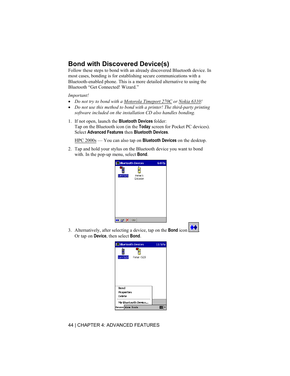 Bond with discovered device(s) | Socket Mobile CompactFlash/SDIO Connection Kit with Bluetooth Wireless Technology User Manual | Page 44 / 91