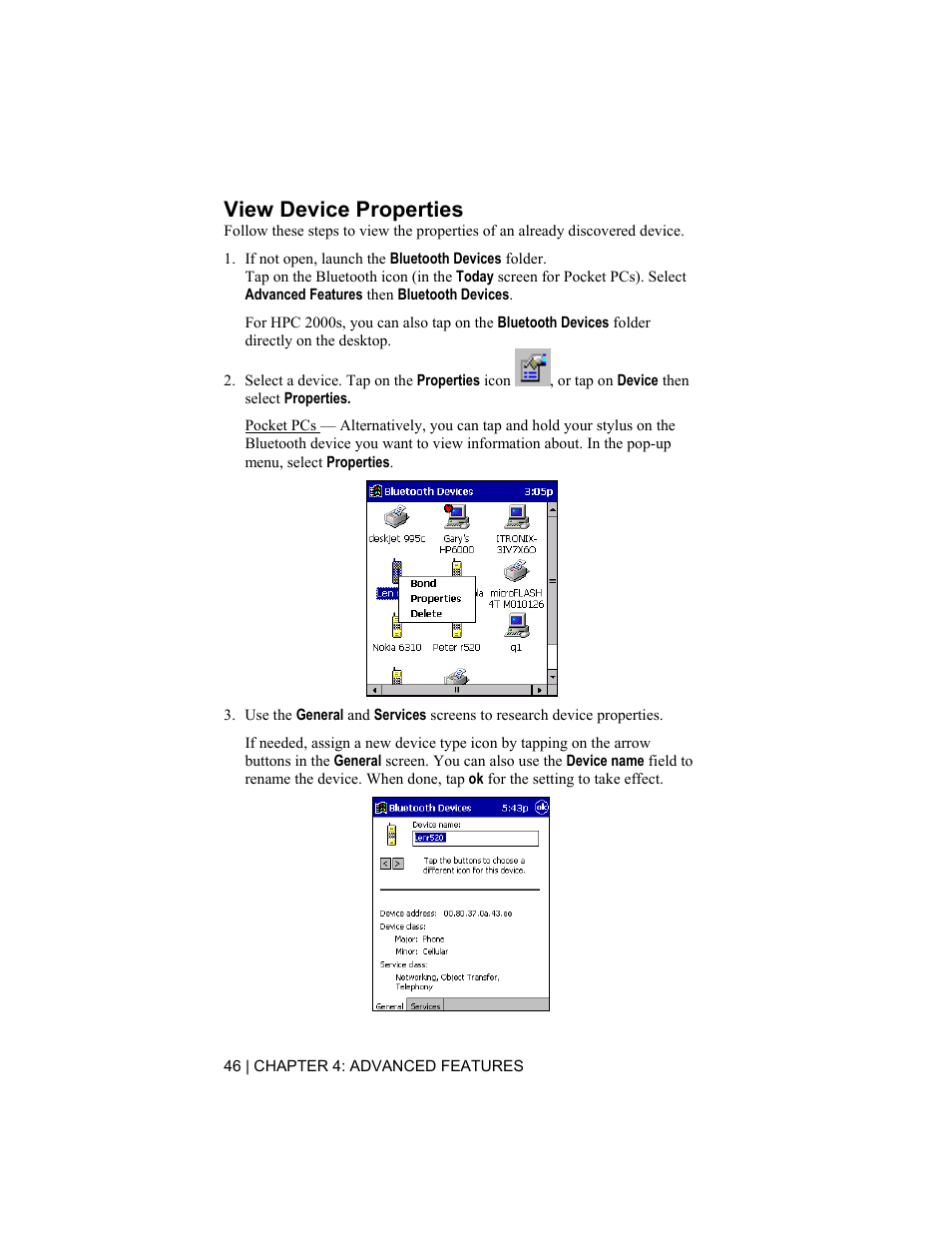 View device properties | Socket Mobile CompactFlash/SDIO Connection Kit with Bluetooth Wireless Technology User Manual | Page 46 / 91