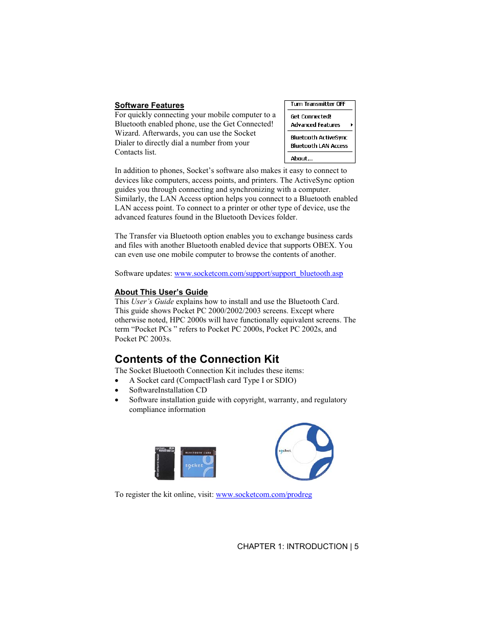 Contents of the connection kit | Socket Mobile CompactFlash/SDIO Connection Kit with Bluetooth Wireless Technology User Manual | Page 5 / 91