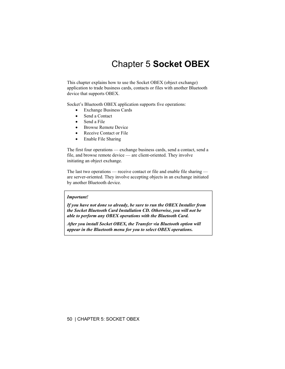 Chapter 5 socket obex | Socket Mobile CompactFlash/SDIO Connection Kit with Bluetooth Wireless Technology User Manual | Page 50 / 91