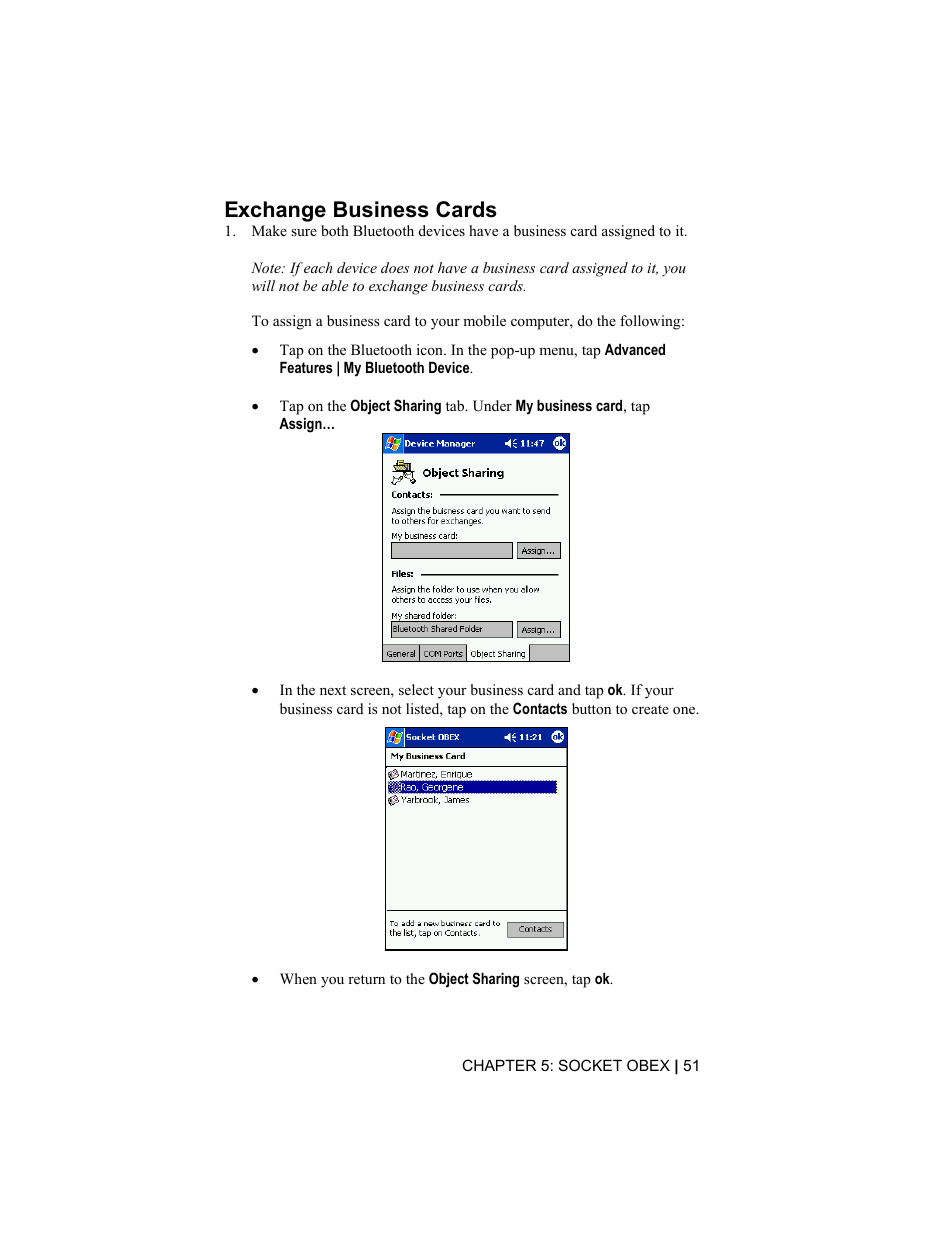 Exchange business cards | Socket Mobile CompactFlash/SDIO Connection Kit with Bluetooth Wireless Technology User Manual | Page 51 / 91