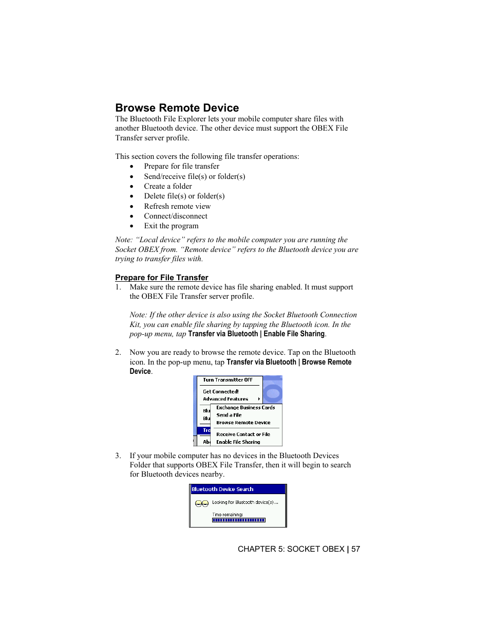 Browse remote device, Prepare for file transfer | Socket Mobile CompactFlash/SDIO Connection Kit with Bluetooth Wireless Technology User Manual | Page 57 / 91