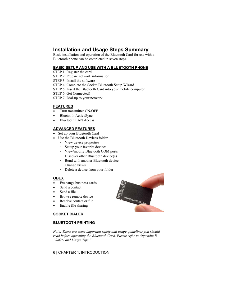 Installation and usage steps summary | Socket Mobile CompactFlash/SDIO Connection Kit with Bluetooth Wireless Technology User Manual | Page 6 / 91