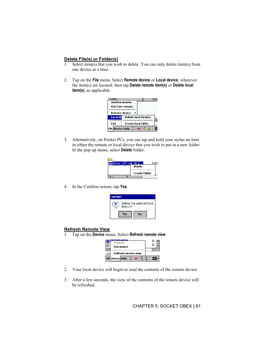 Delete file(s) or folder(s) | Socket Mobile CompactFlash/SDIO Connection Kit with Bluetooth Wireless Technology User Manual | Page 61 / 91