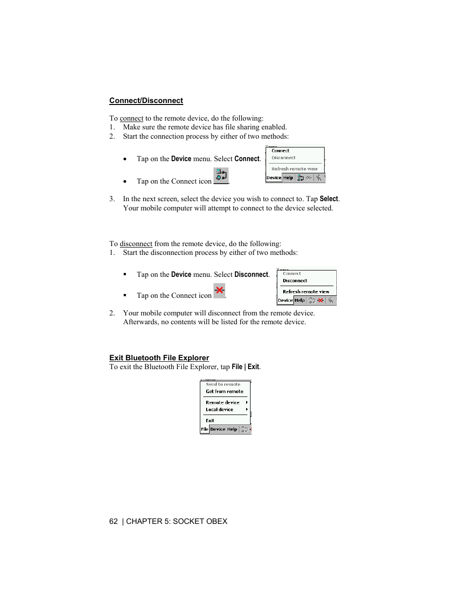 Connect/disconnect, Exit bluetooth file explorer | Socket Mobile CompactFlash/SDIO Connection Kit with Bluetooth Wireless Technology User Manual | Page 62 / 91