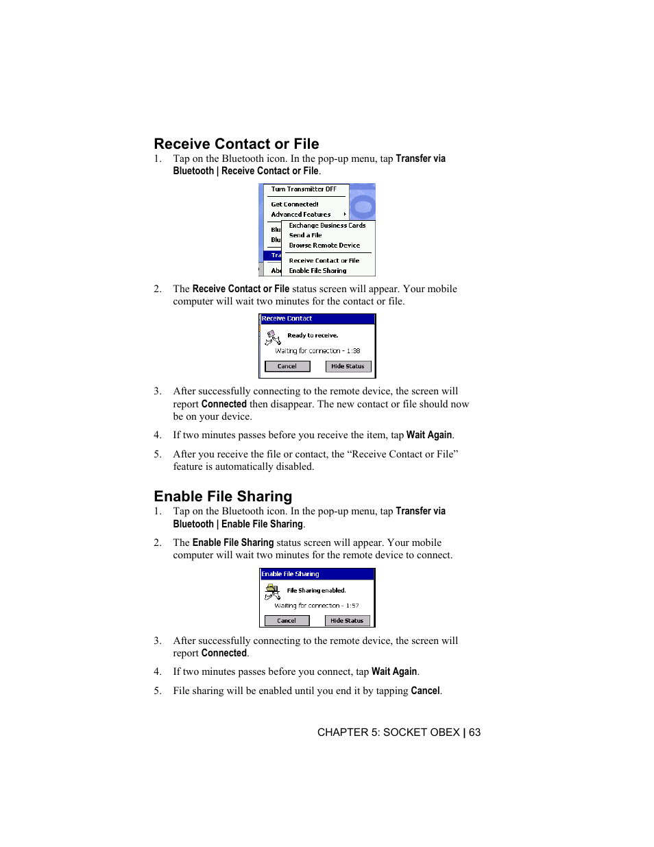 Receive contact or file, Enable file sharing | Socket Mobile CompactFlash/SDIO Connection Kit with Bluetooth Wireless Technology User Manual | Page 63 / 91