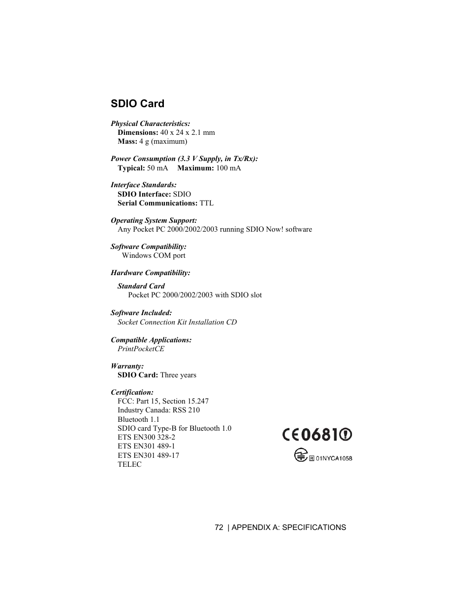 Sdio card | Socket Mobile CompactFlash/SDIO Connection Kit with Bluetooth Wireless Technology User Manual | Page 72 / 91